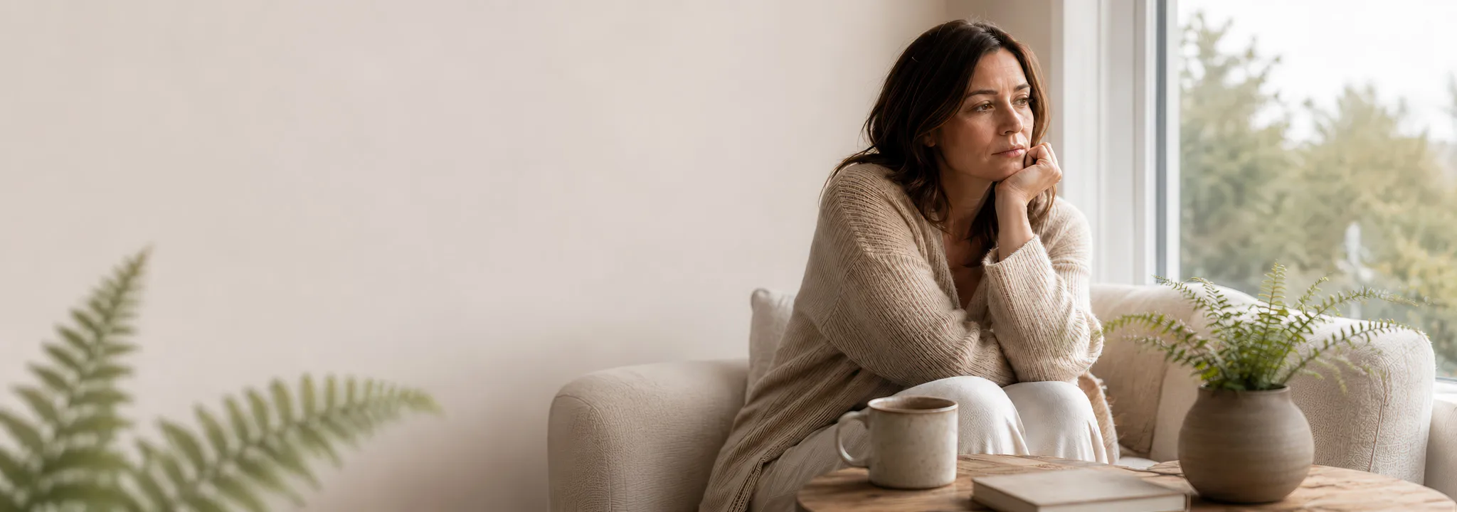 sad woman sitting at table