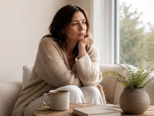 sad woman sitting at table